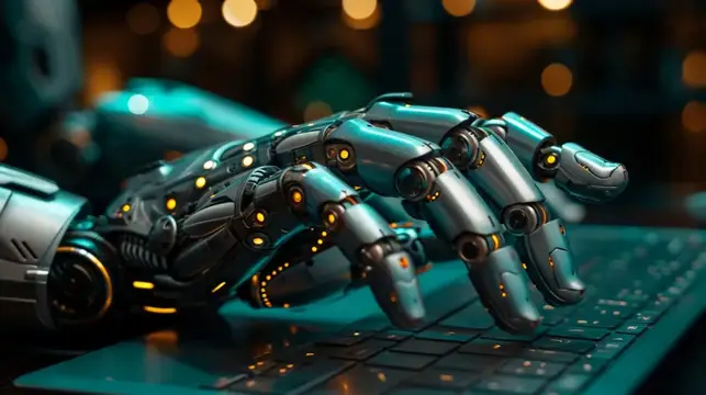 3D-рендер металлической роборуки с подсветкой на клавиатуре