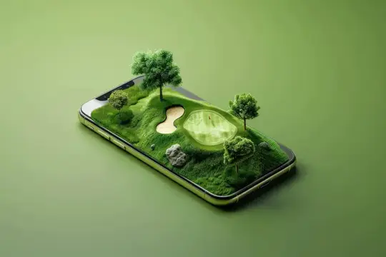 Зеленое поле для гольфа на экране смартфона с зеленым фоном, 3D-иллюстрация цифровой реконструкции игрового процесса в гольф