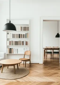 Светлая гостиная с книжным стеллажом и деревянным столом
