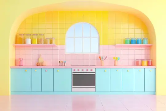 3D-рендер яркой кухни в пастельных тонах с арочным окном