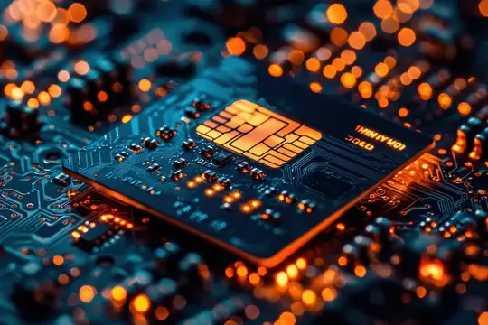 3D-рендер микросхемы на плате с оранжевой подсветкой