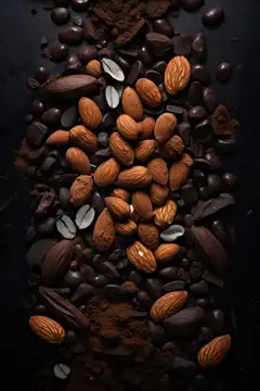 Миндаль и какао-бобы рассыпаны на тёмном фоне