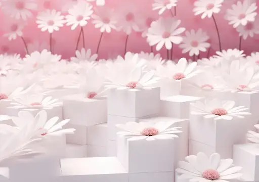 3D-рендер с белыми ромашками на ступенчатых кубах на розовом фоне