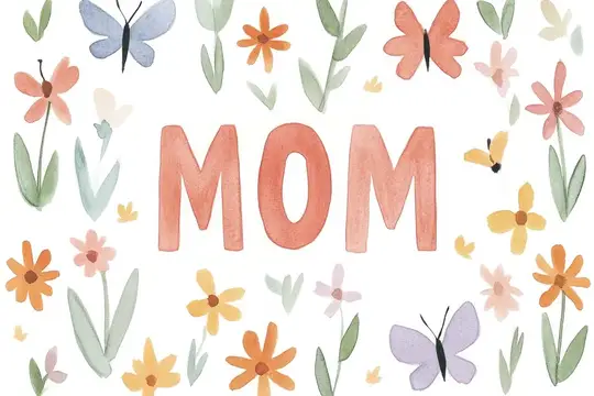 Акварельная иллюстрация с надписью MOM в окружении цветов и бабочек
