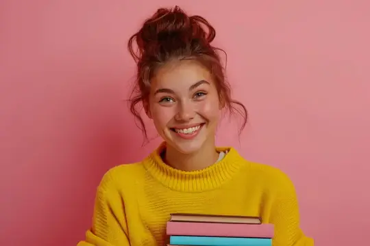 Улыбающаяся девушка с книгами на розовом фоне
