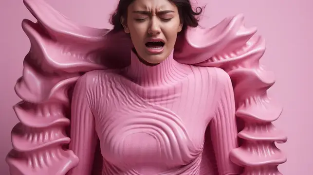 Напряженная женщина-фотомодель, выражающая разочарование и замешательство, стоящая в студии на розовом фоне