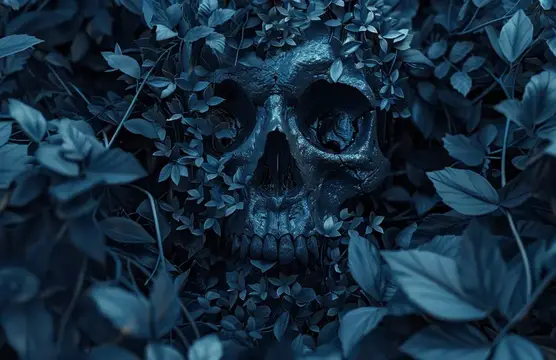 3D-рендер тёмного черепа, заросшего сине-зелёными листьями