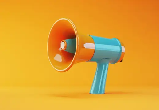 Оранжевый и синий мегафон на оранжевом фоне в 3D как инструмент маркетинговой коммуникации для продвижения путешествий и бизнеса