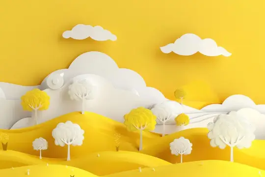 3D-иллюстрация жёлтого пейзажа с белыми деревьями и облаками