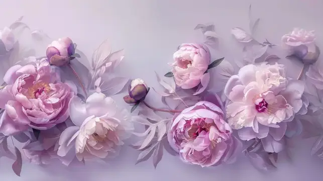 Нежные розовые пионы и бутоны на светлом фоне