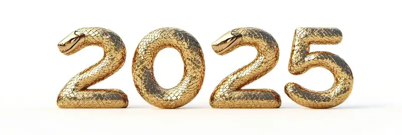 3D-рендер золотых цифр 2025 в виде змеиной чешуи