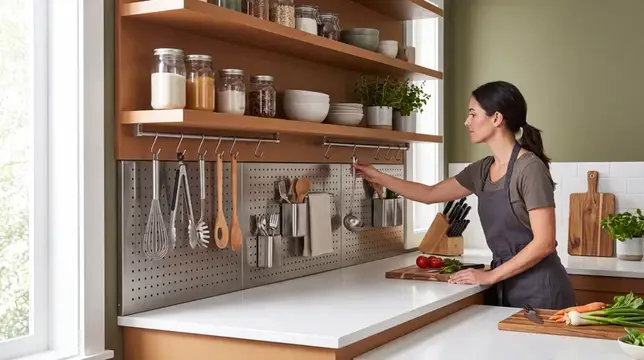 Женщина в фартуке вешает кухонную утварь на перфорированную панель