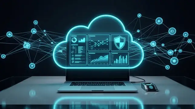 3D-рендер ноутбука с облачными технологиями и графиками данных