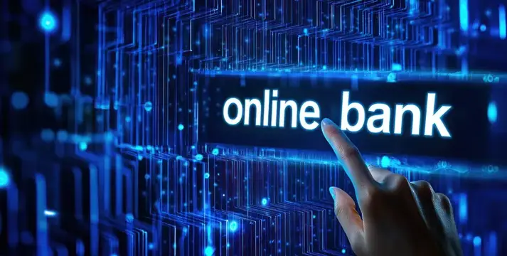 3D-рендер с рукой, нажимающей на надпись online bank