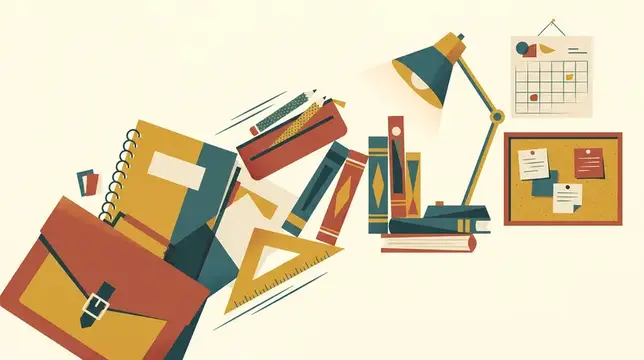 Иллюстрация с канцелярскими принадлежностями, книгами и настольной лампой на столе