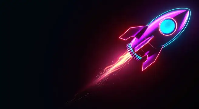 Неоновая иллюстрация летящей ракеты с ярким пламенем
