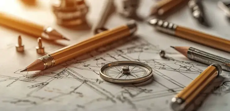 Карандаши и циркуль лежат на чертеже в тёплом свете