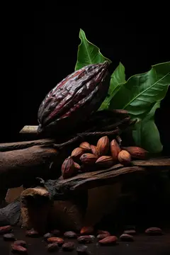 Плод какао с зёрнами и листьями на тёмном фоне