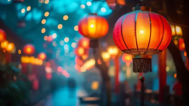 Красные бумажные фонари светятся на вечерней улице
