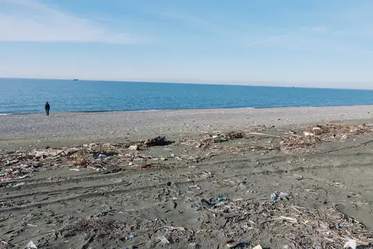 Одинокий человек на пустом пляже с мусором у моря