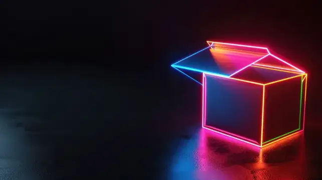 3D-рендер неоновой коробки с открытой крышкой на тёмном фоне
