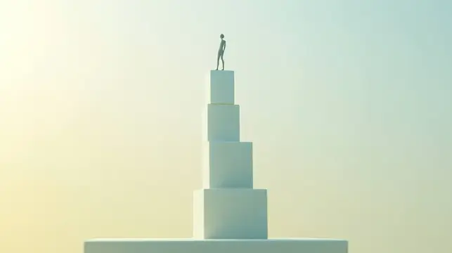 Эта впечатляющая 3D-работа изображает одинокую фигуру на белых составных блоках на фоне мягкого градиентного неба, олицетворяя достижение, стремление и минимализм