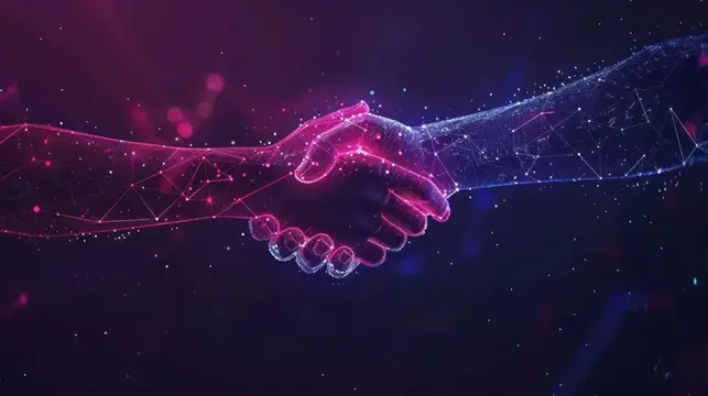 3D-рендер рукопожатия из светящихся цифровых частиц