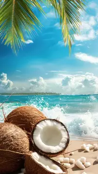 Кокосы на песке у бирюзового моря под пальмовыми листьями