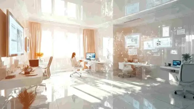 3D-рендер светлого офиса с прозрачными стенами и работающей женщиной