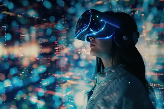 Девушка в VR-очках погружается в виртуальную реальность