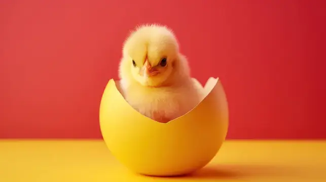 Желтый цыпленок сидит в скорлупе на красном фоне
