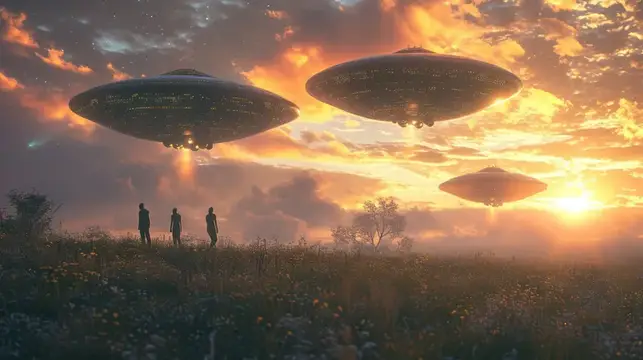 3D-рендер с тремя летающими тарелками над полем на закате