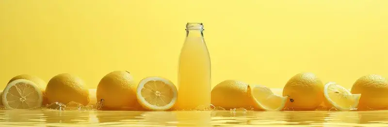 Стеклянная бутылка лимонада среди спелых лимонов на жёлтом фоне