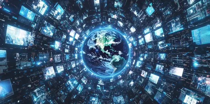 3D-рендер цифровой Земли в окружении экранов с данными