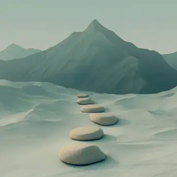 3D-рендер каменной тропы, ведущей к туманной горной вершине