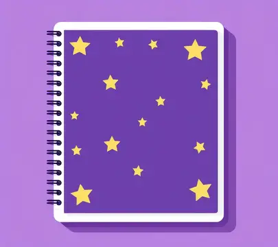 Иллюстрация блокнота на пружине с жёлтыми звёздами на фиолетовой обложке