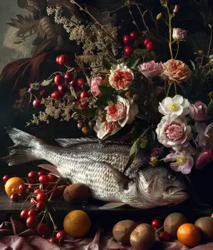 Натюрморт с рыбой, розами и спелыми фруктами на тёмном фоне