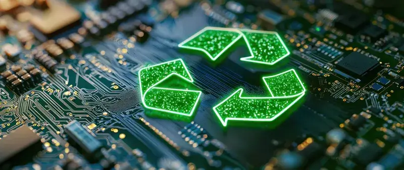 3D-рендер зелёного знака переработки на электронной плате