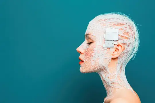 Женский профиль с цифровой сеткой и чипом на голове