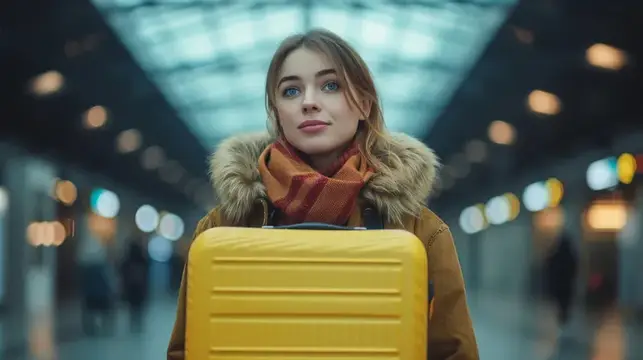 Женщина с желтым чемоданом стоит на вокзале, глядя в сторону, готовая к новому приключению