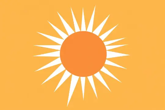 Яркая иллюстрация солнца с острыми лучами на оранжевом фоне, вызывающая чувства тепла, позитива и летнего настроения, передающая суть веселых занятий на свежем воздухе