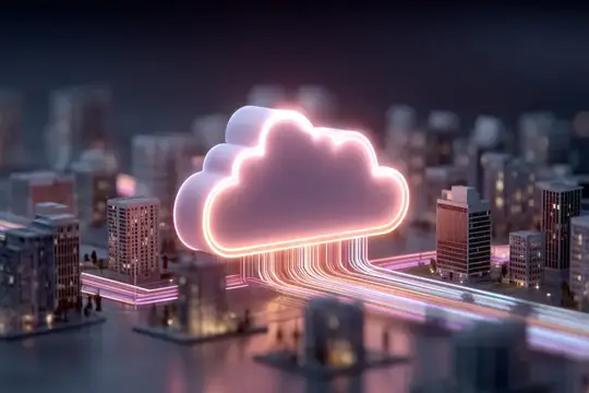 3D-рендер светящегося облака над миниатюрным ночным городом