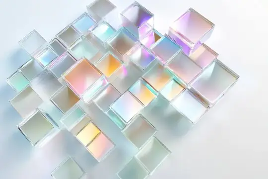 3D-рендер с парящими полупрозрачными кубиками с радужным блеском