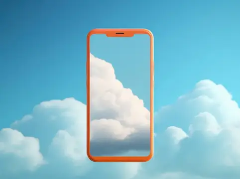 3D-рендер оранжевого смартфона с облаками на экране на фоне неба