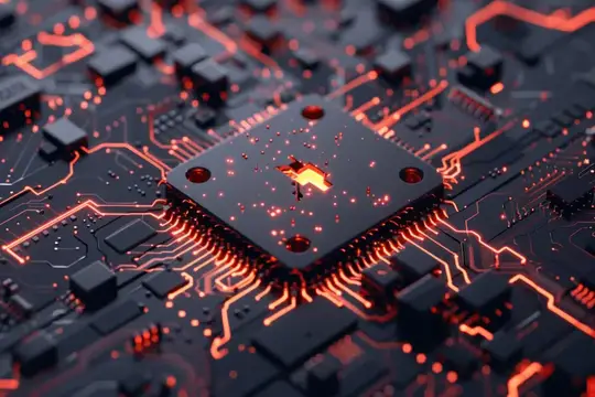 3D-рендер компьютерного чипа с светящимися красными дорожками