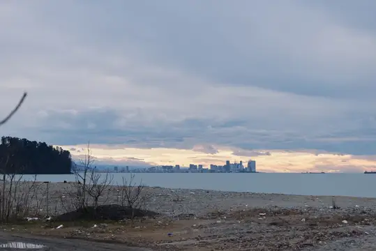Пустынный берег с мусором и силуэт города вдалеке под пасмурным небом