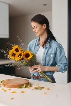 Улыбающаяся девушка с букетом подсолнухов на светлой кухне