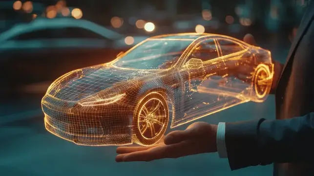 3D-рендер светящегося автомобиля над ладонью человека в костюме