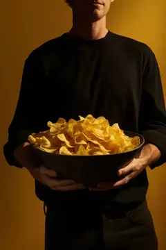 Хрустящая женщина, закуска, еда, калории, обед, желтый, картофель, есть, быстро, вкусно, соленый, жир, миска, хрустящий, фон, чипсы, закуска, стол, пряный, еда, нездоровый, жареный, вкусный