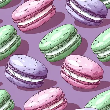 Иллюстрация с розовыми, фиолетовыми и зелёными миндальными пирожными макарон